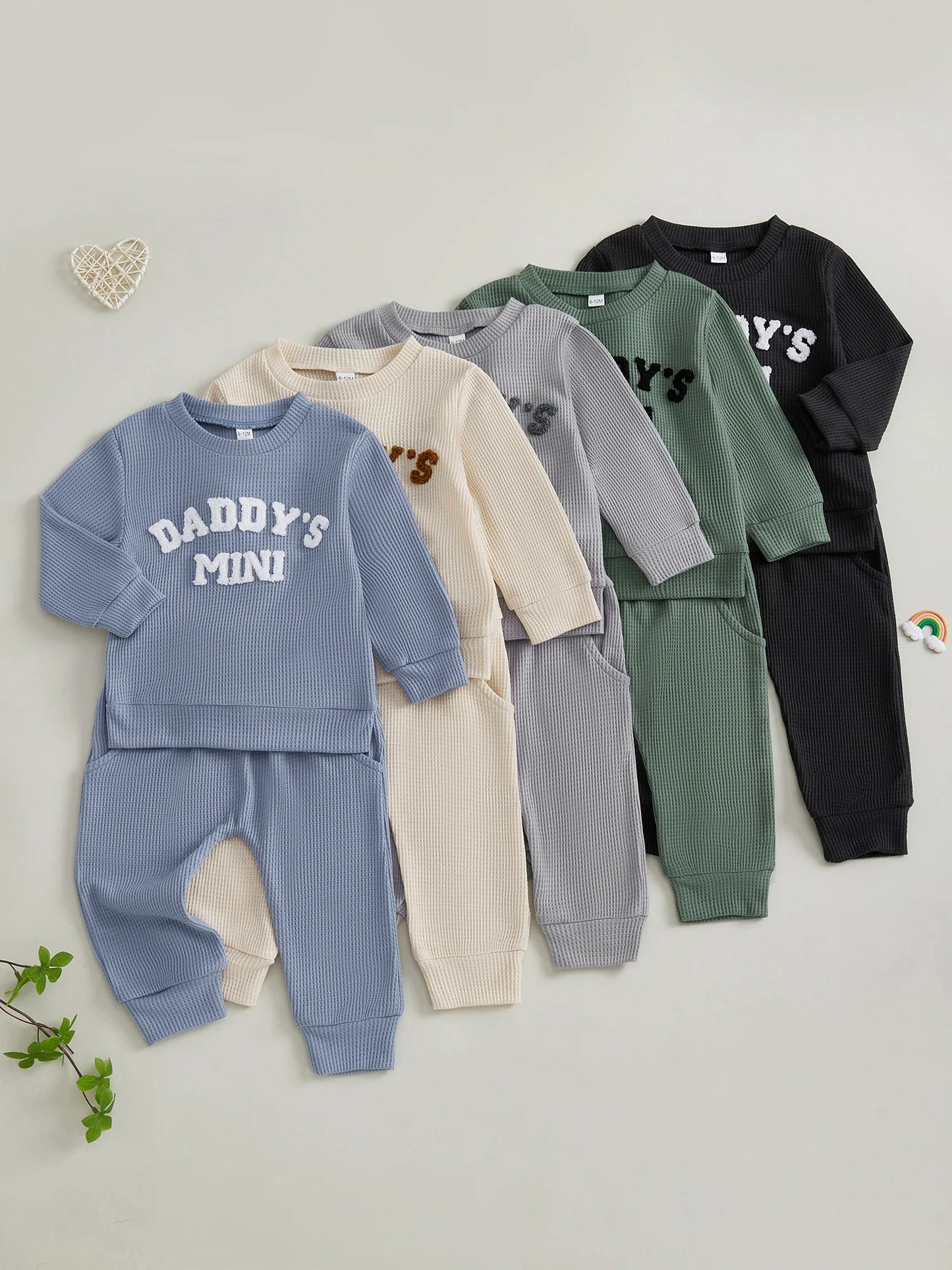 Toddler Boy Autumn Waffle Set Embroidered Letters 2 Piece Outfit