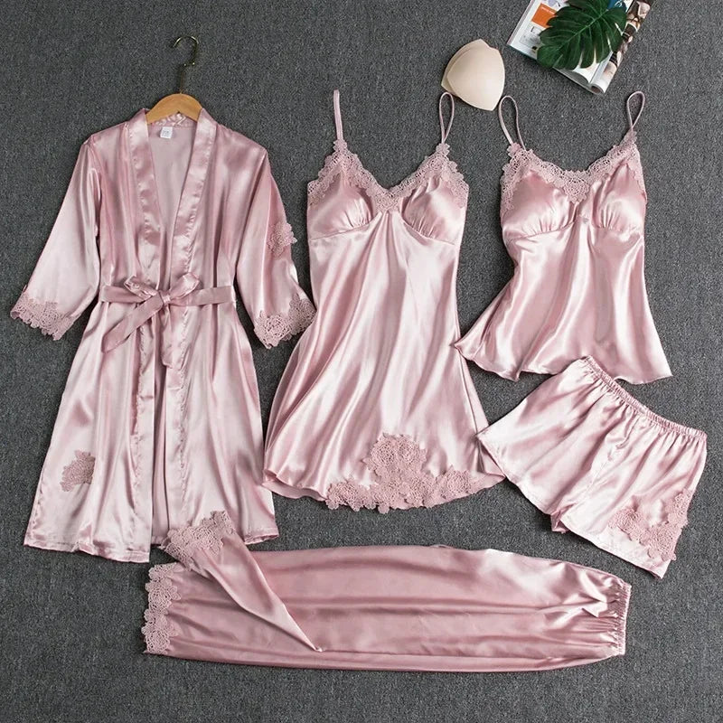 Ice Silk Sleepwear Set For Women V-Neck Long Sleeve Homewear
