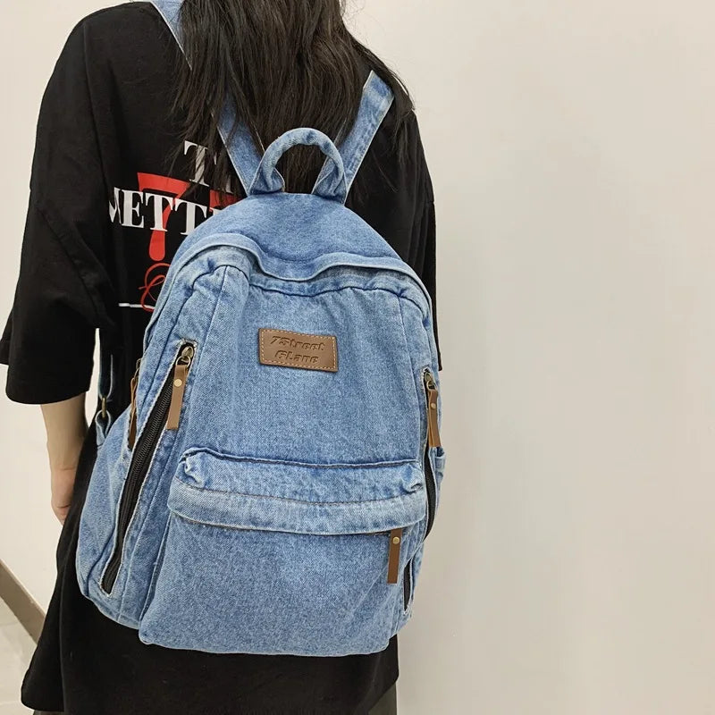 NONECN Denim School Backpack With Multiple Pockets And Large Capacity