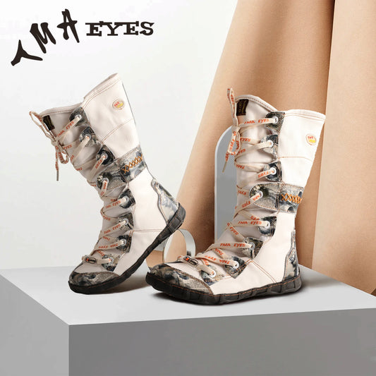 TMA EYES Knee-High Winter Boots With Contrast Stitch Side Zip