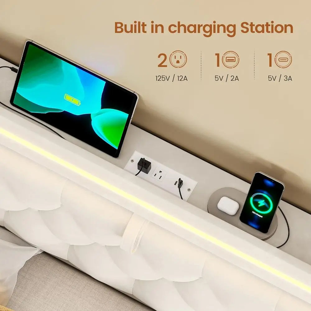 LED Upholstered Bed With 5 Drawers And Charging Station