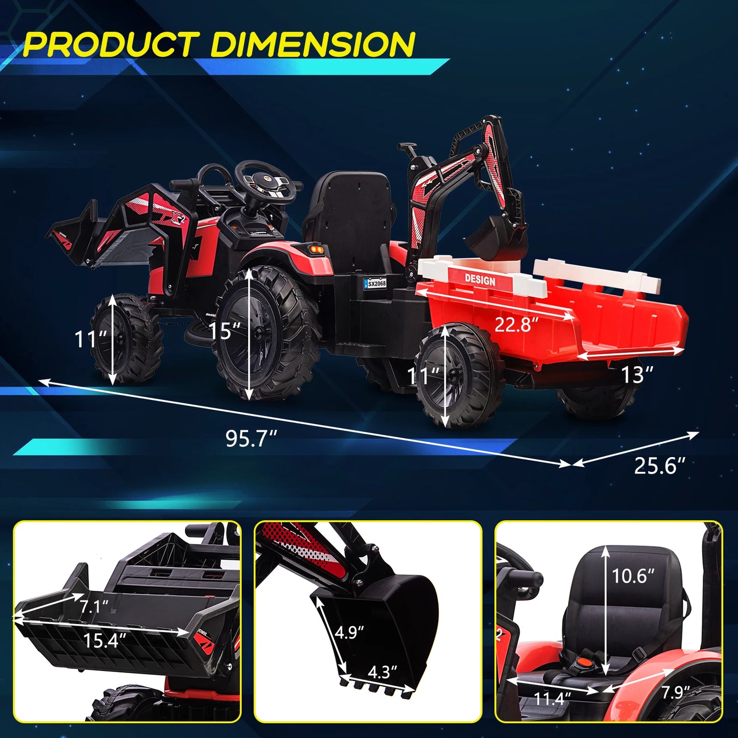 Electronic 3 In 1 Ride On Tractor Excavator And Bulldozer 24V Kids Electric Vehicle With Trailer Remote