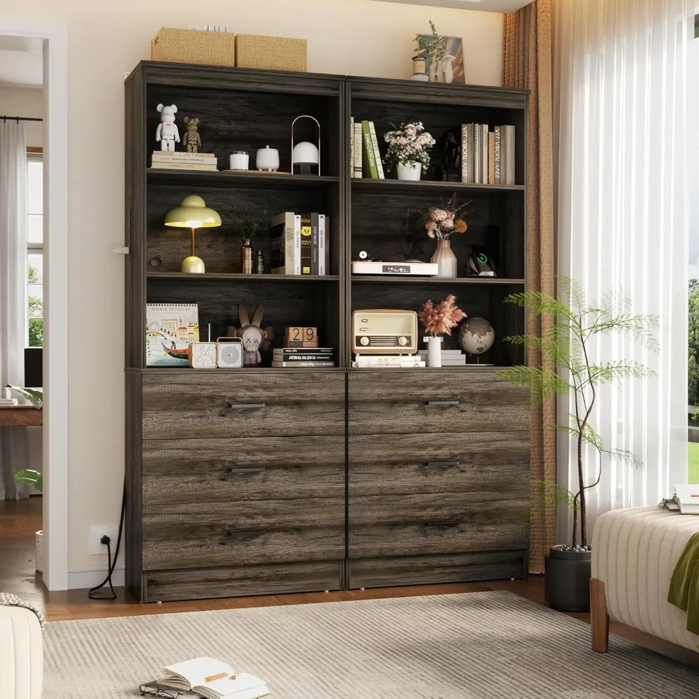 Bookshelf With USB Ports And Outlets, Three Drawer Cabinet And Shelves