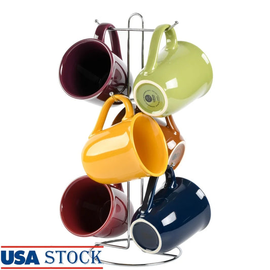 Ceramic Mug Set Of 6 With Metal Rack Microwave Safe