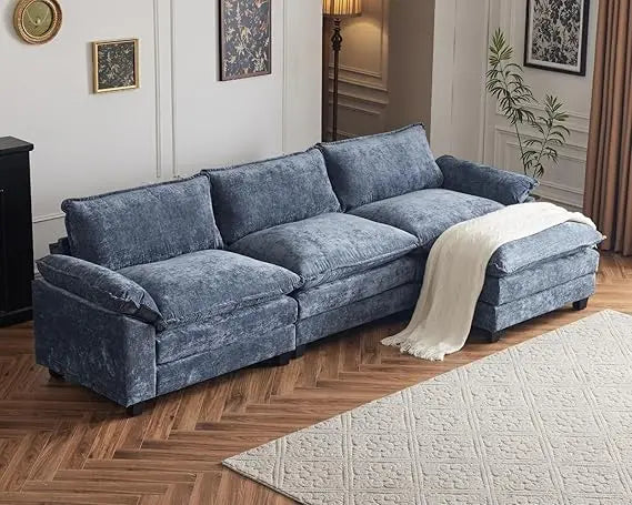 Premium Contemporary L Shaped Chenille Upholstered Sectional Sofa Featuring Ottoman
