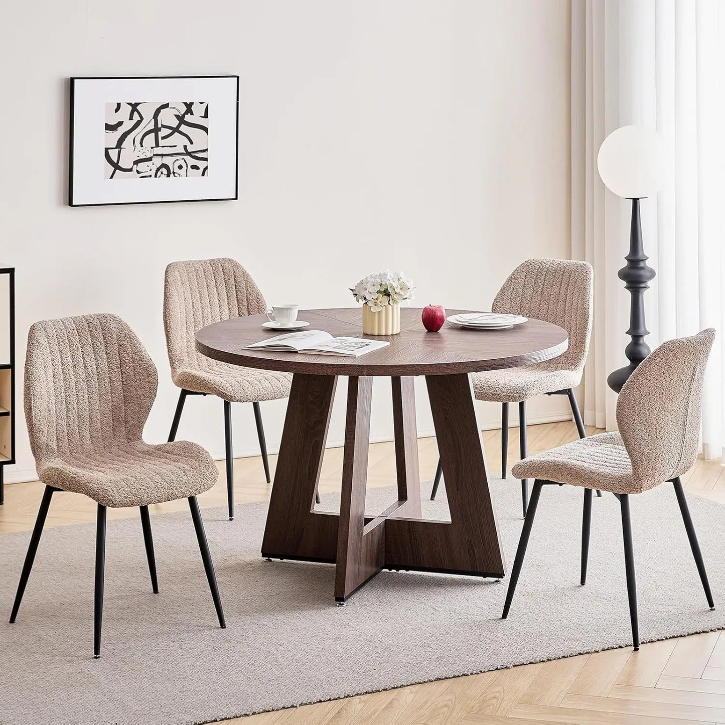 Round Mid-Century Dining Table Set With Metal Legs And Chairs