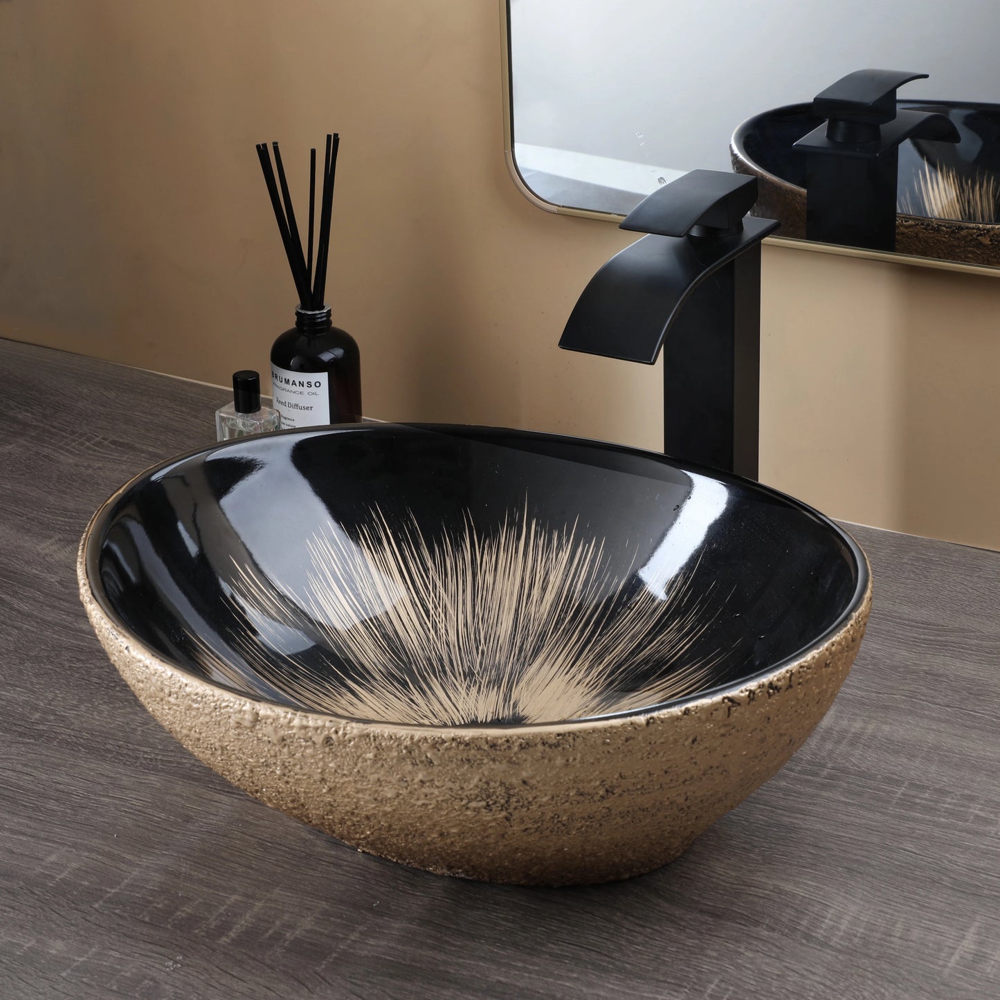 MEKKHALA Oval Vessel Sink With Faucet Marble Ceramic