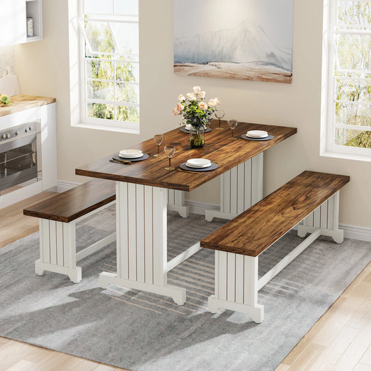 Tribesigns Farmhouse 3 Piece Dining Table Set For 2 Benches