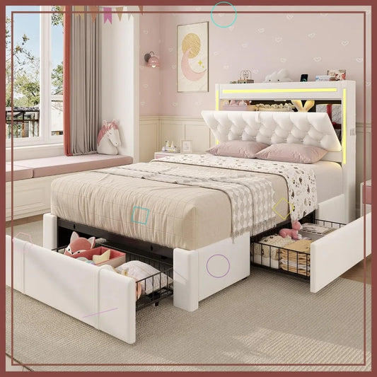 LED Bed Frame With Storage Drawers And Charging Station