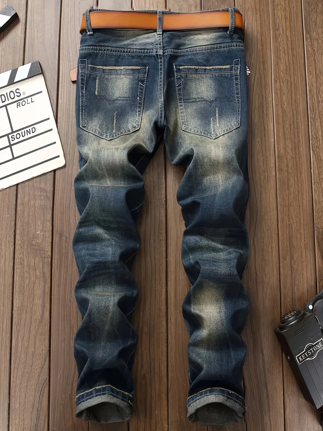 Men's Ripped Slim Biker Jeans Regular Fit Denim Embroidered