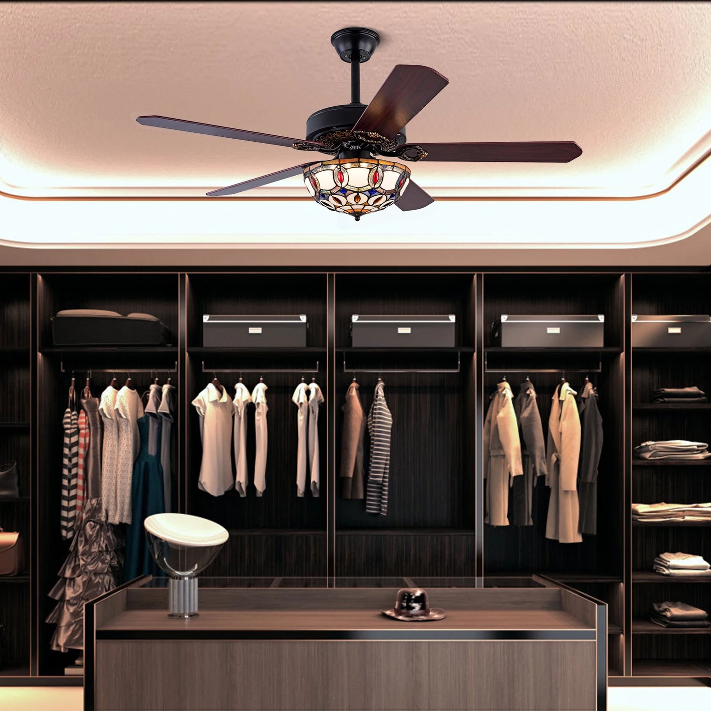 Bymaocar Elegant Tiffany Wooden Ceiling Fan With Three Lights And Remote Control