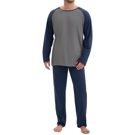 Men's Polyester Pajama Set 2-Piece Long Sleeve Nightwear With Pockets