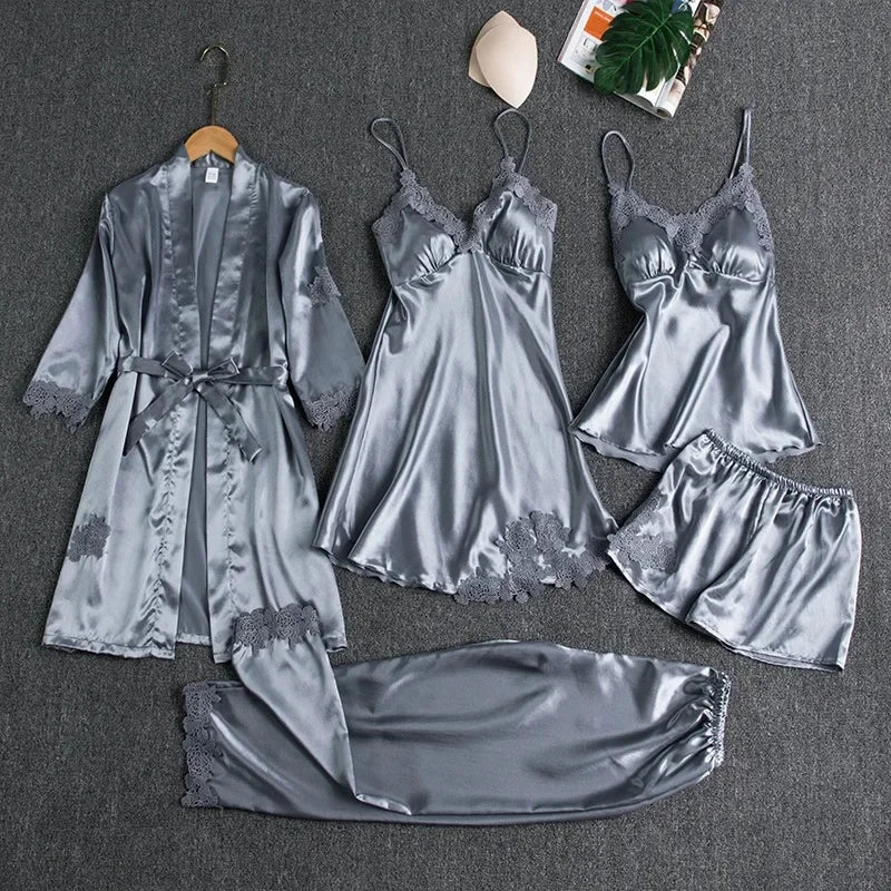 Ice Silk Sleepwear Set For Women V-Neck Long Sleeve Homewear