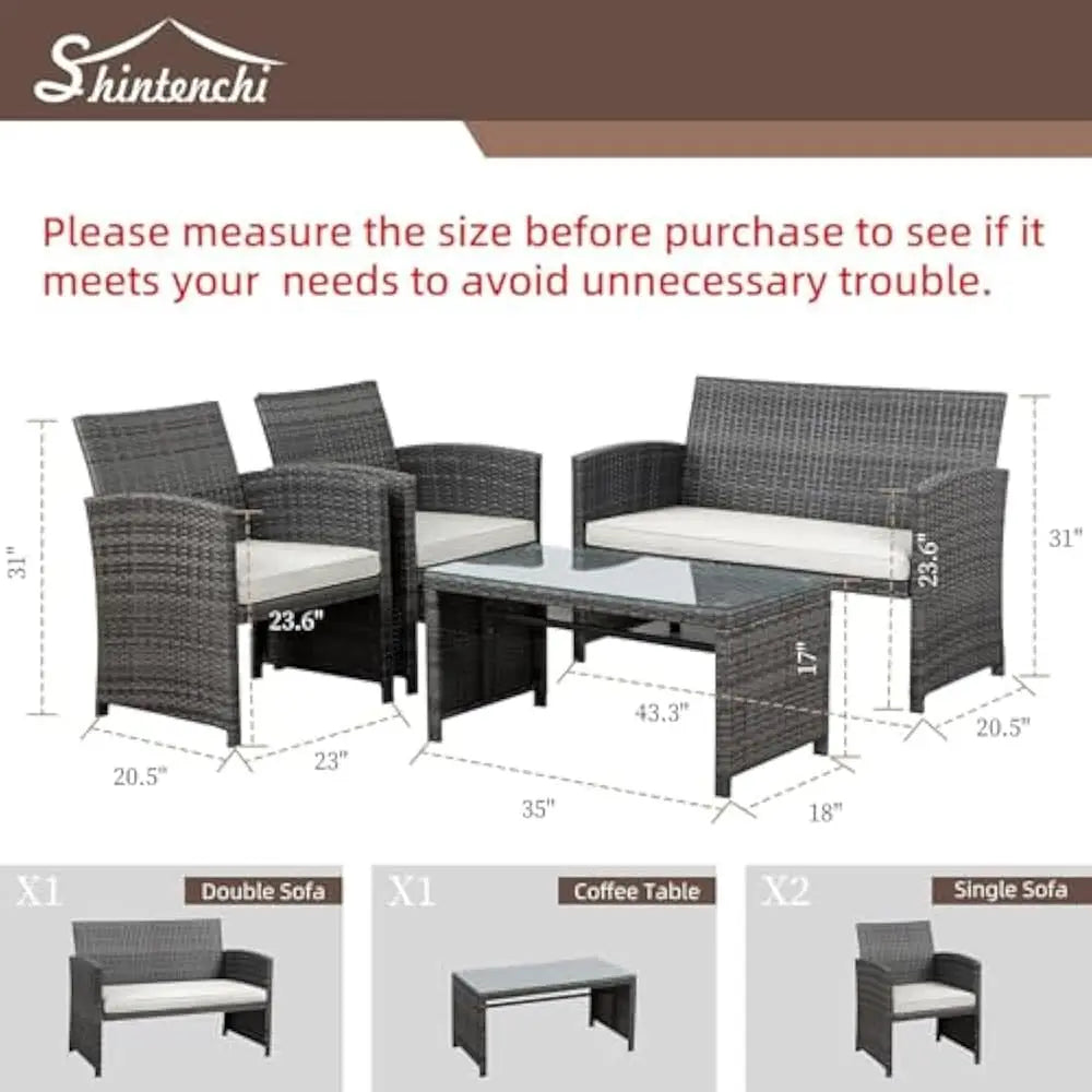 Folded Rattan Patio Set 4 Piece Outdoor Furniture Cushions