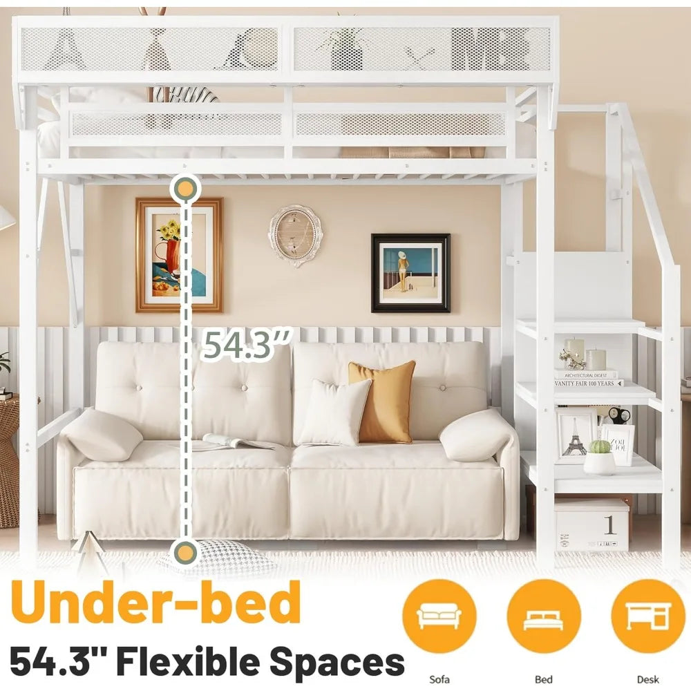 MKDK Metal Loft Bed With Stairs And Storage Wardrobe