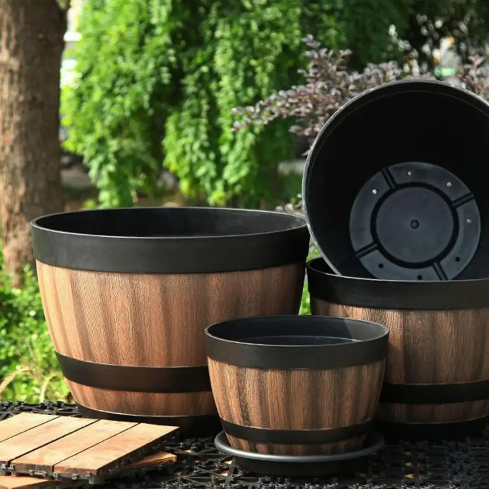 Rustic Farmhouse Whiskey Barrel Planter Plastic Flower Pot With Drainage