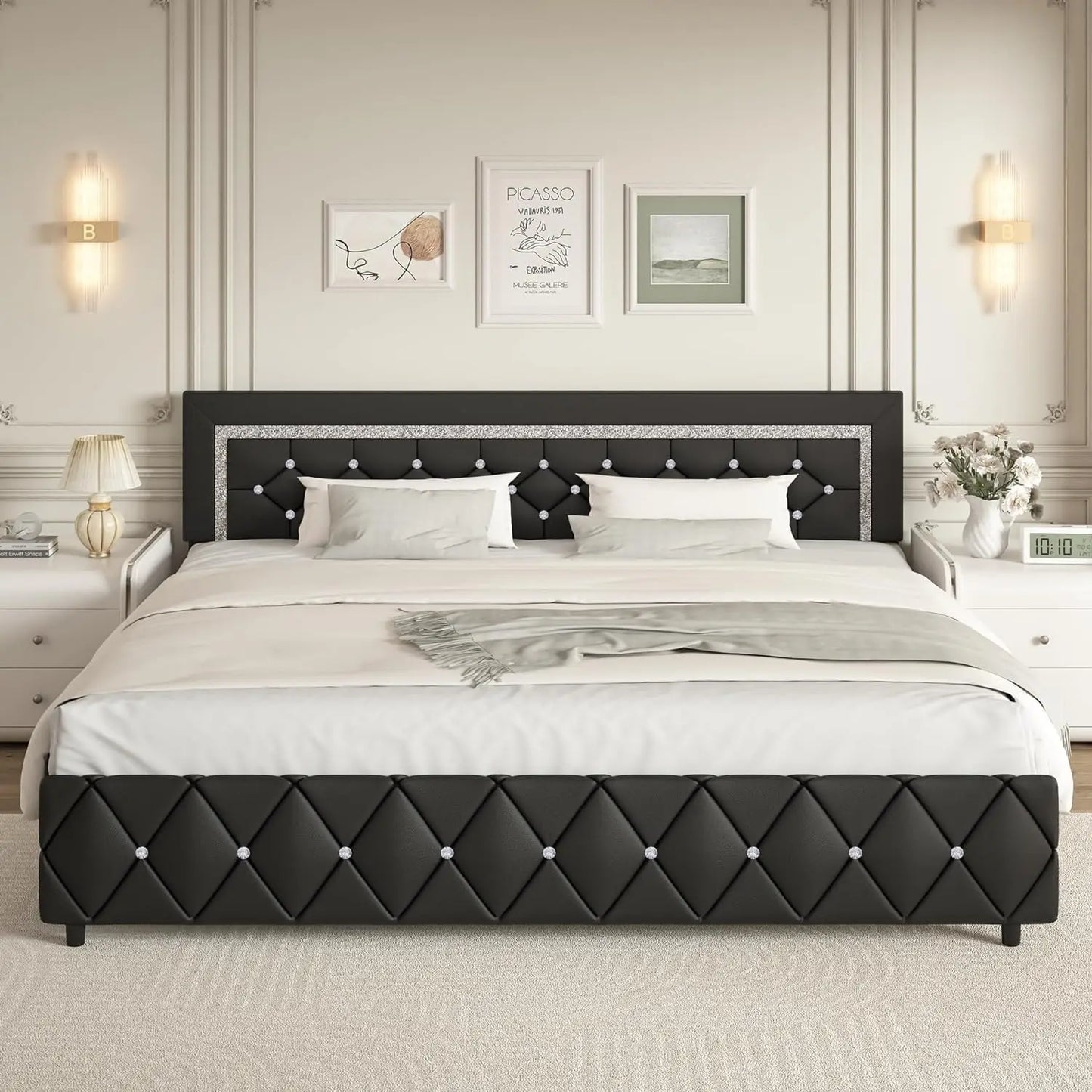 Guangbai Faux Leather Diamond Tufted Platform Bed Frame With Headboard