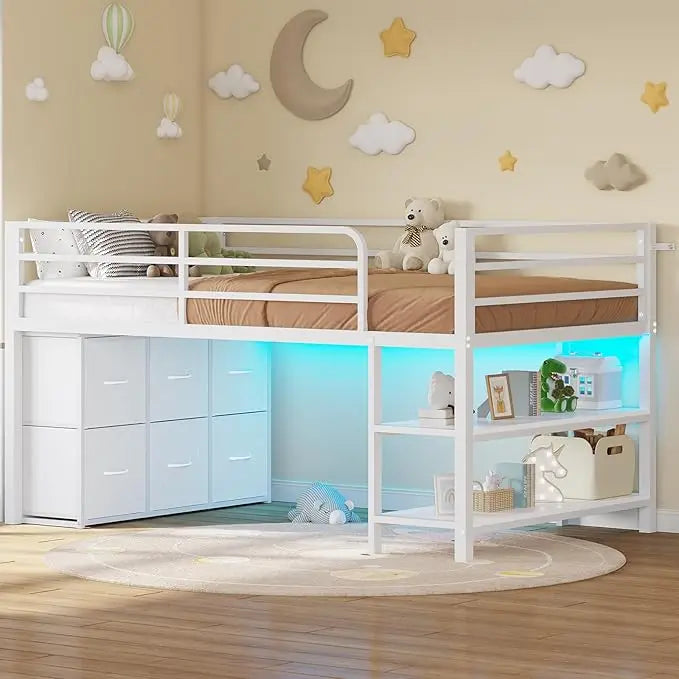 Loft Bed With LED Lights, 6 Drawers, Shelves And Guardrail