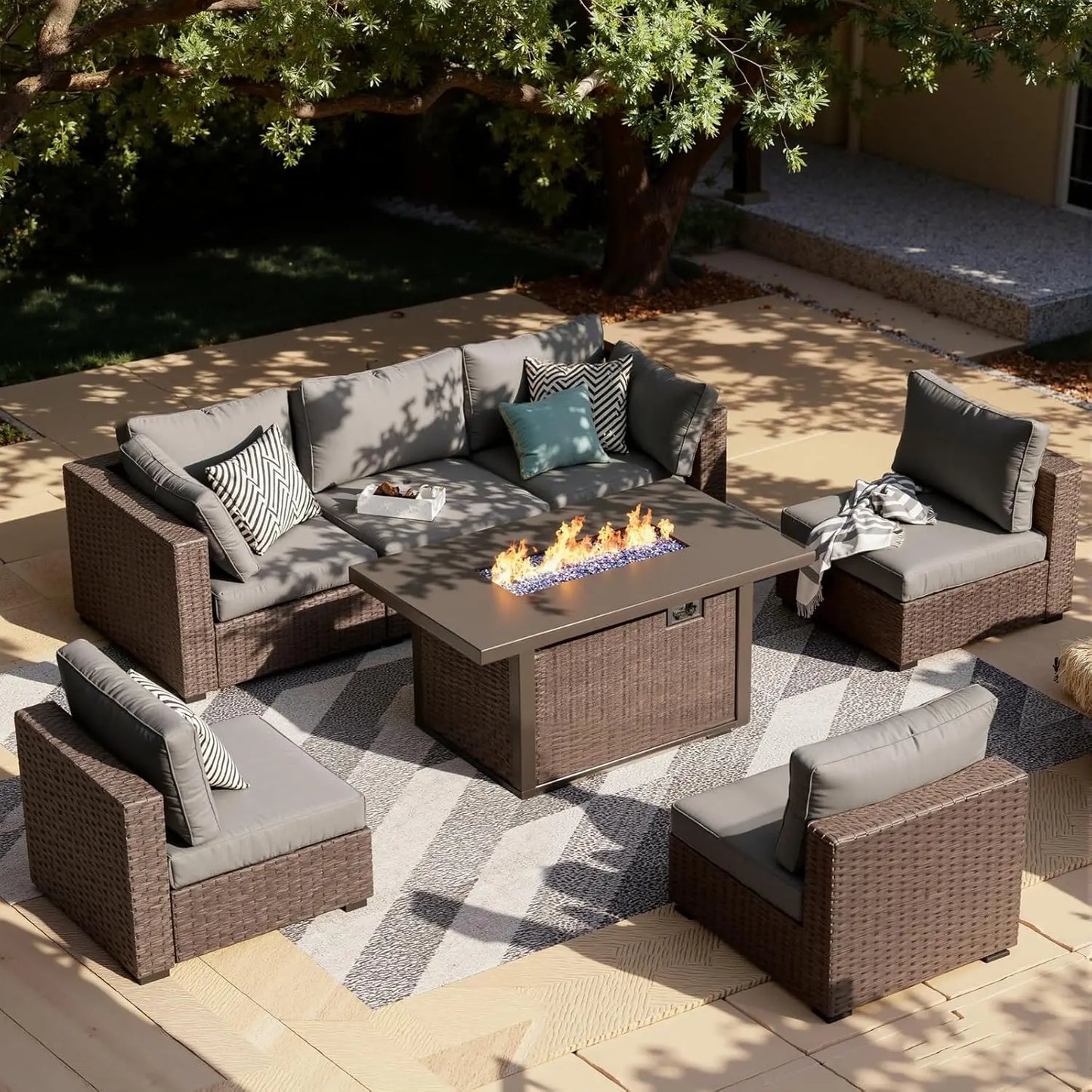 XIAOLANG 7-Piece Outdoor Patio Furniture Set Wicker Fire Pit Table