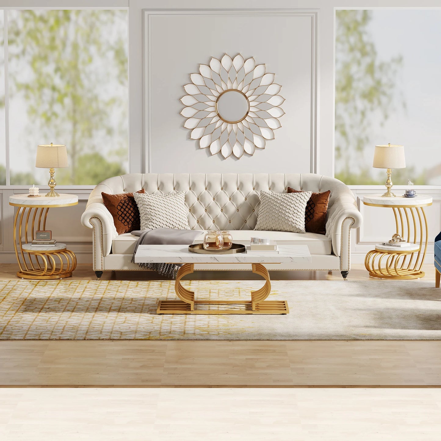 Tribesigns Gold Round End Table With Two Tiers Faux Marble