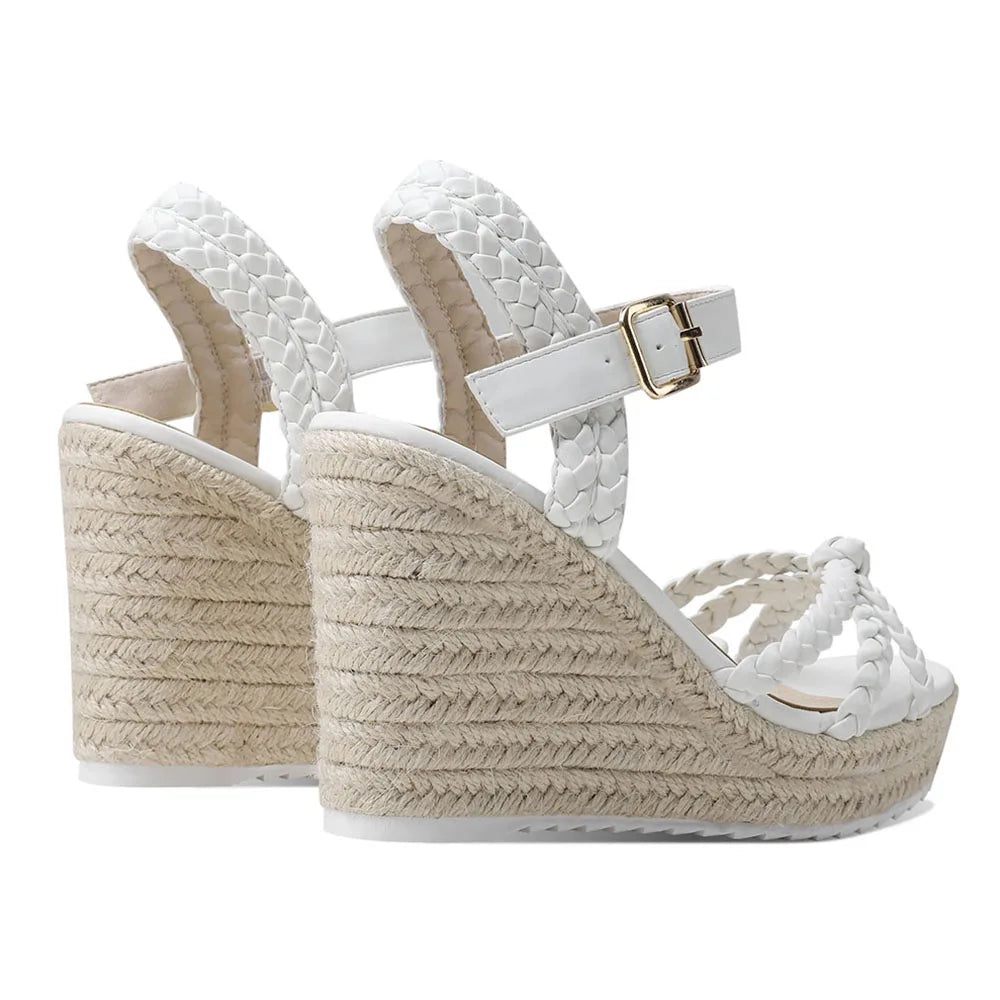 GIGIFOX Straw Woven Waterproof Platform Wedges Sandals Buckle Straps