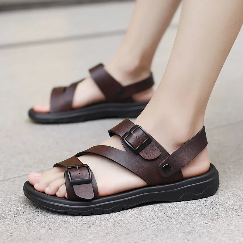 SUOJ Men Leather Sandals Outdoor Casual Beach Slippers