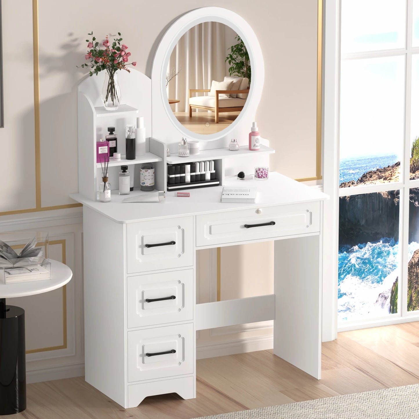Modern Makeup Vanity Table With Mirror And Lights And Storage