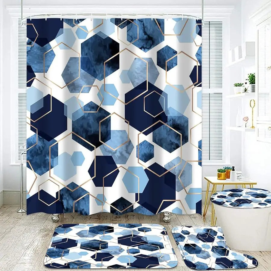 Guangdong Geometric Shower Curtain Set 4 Piece With Hooks Bath Mat