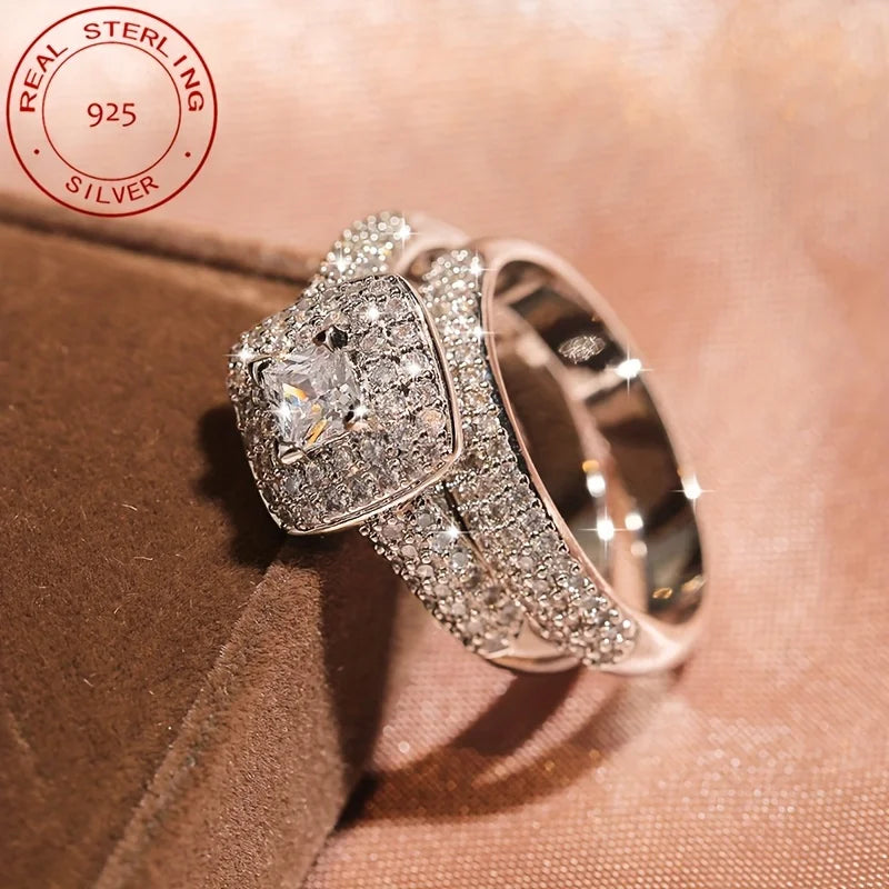 WPOOCC Womens Elegant Zircon Engagement Ring Set 925 Silver Plated