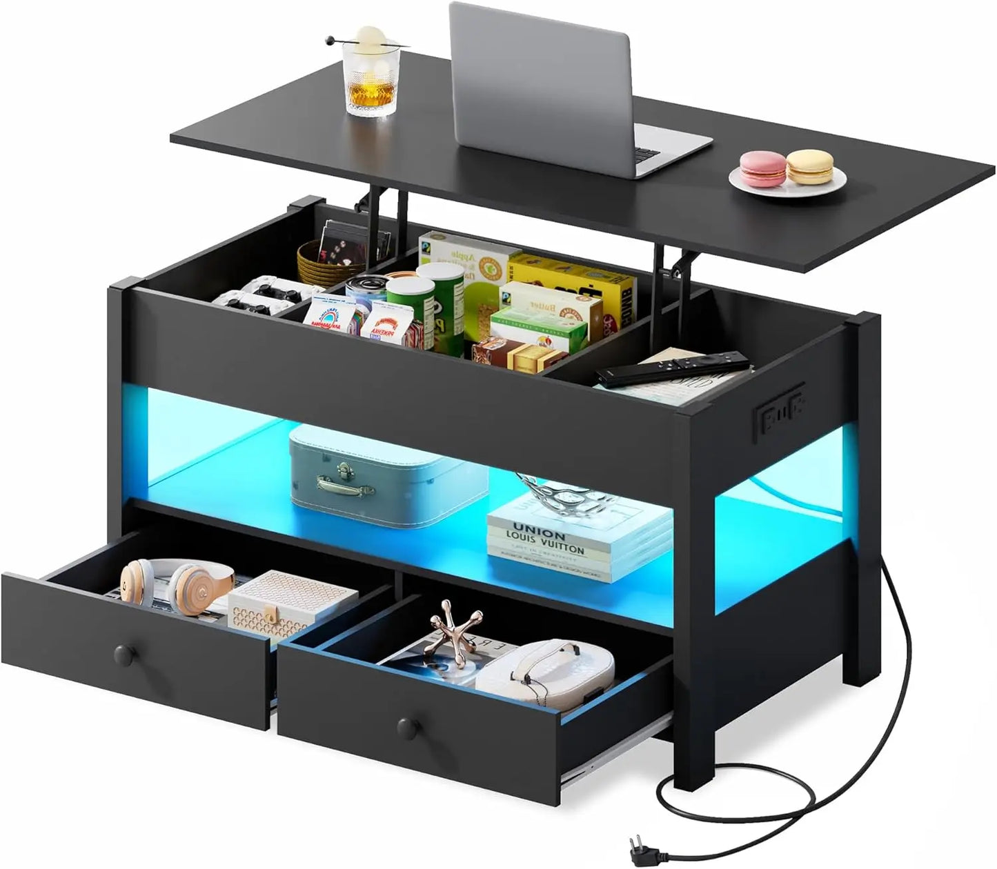 Lift Top Coffee Table With LED Light and Two Drawers