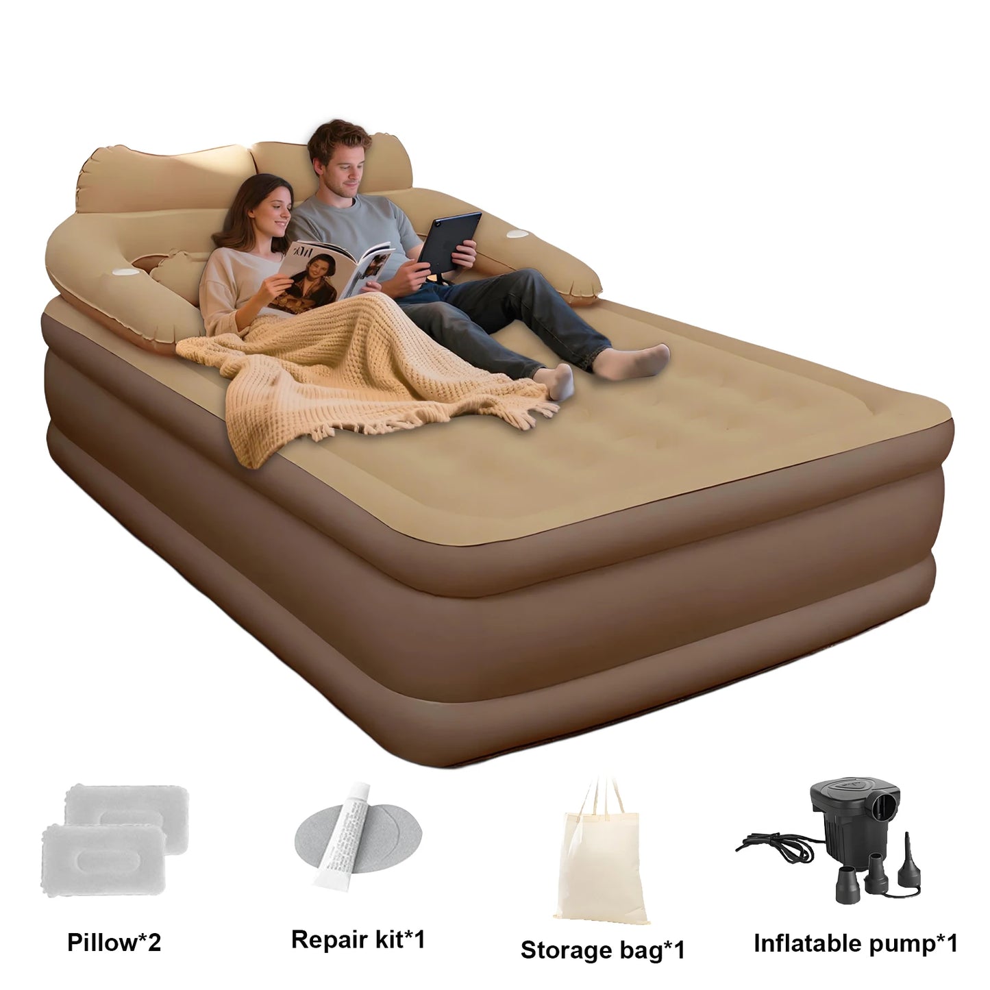Air Mattress With Headboard Inflatable Bed With Electric Pump