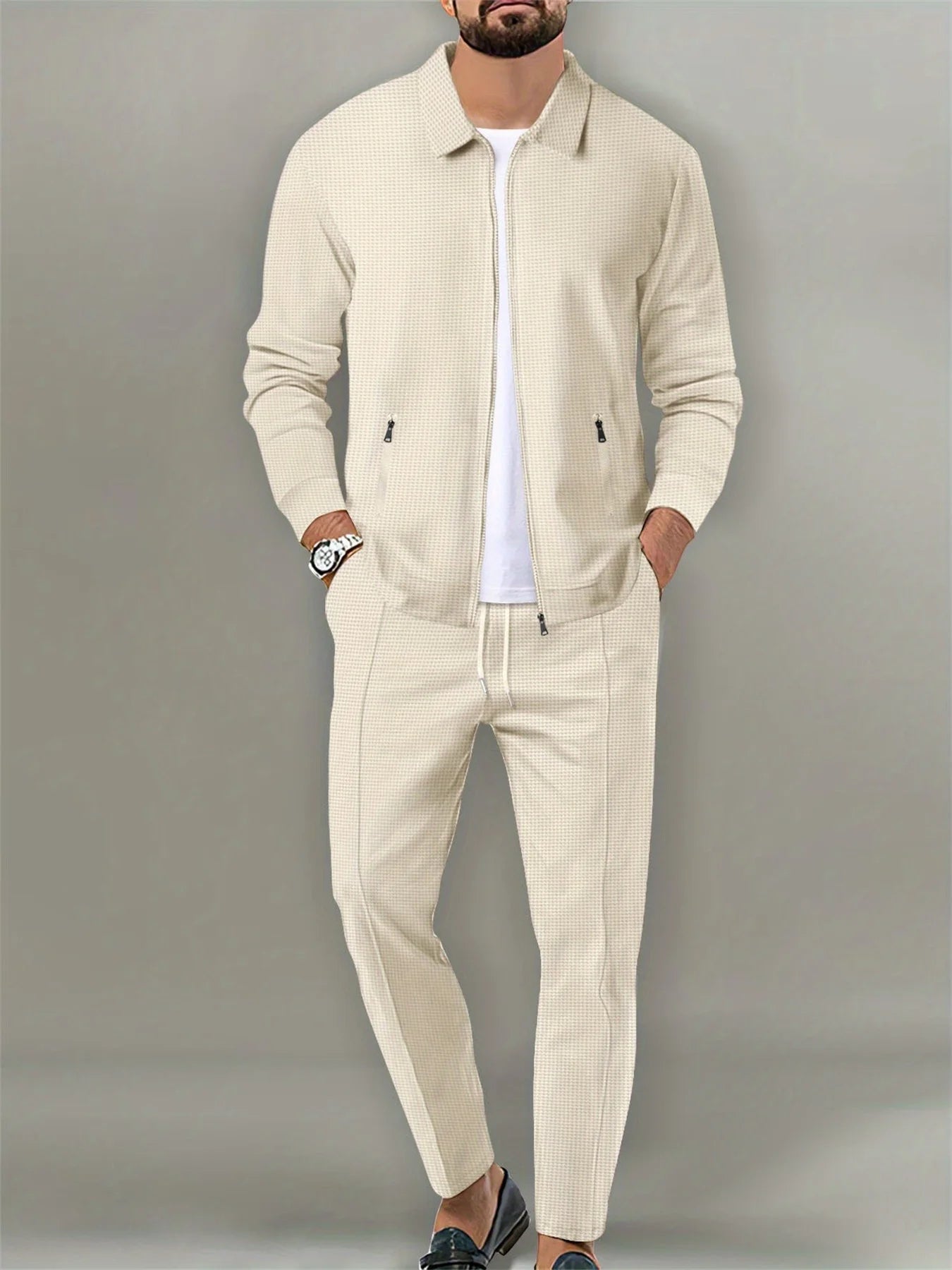 Men Waffle Knit Zipper Cardigan Jacket For Casual Outdoor Wear