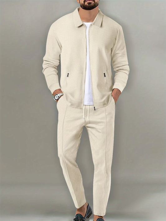 Men Waffle Knit Zipper Cardigan Jacket For Casual Outdoor Wear
