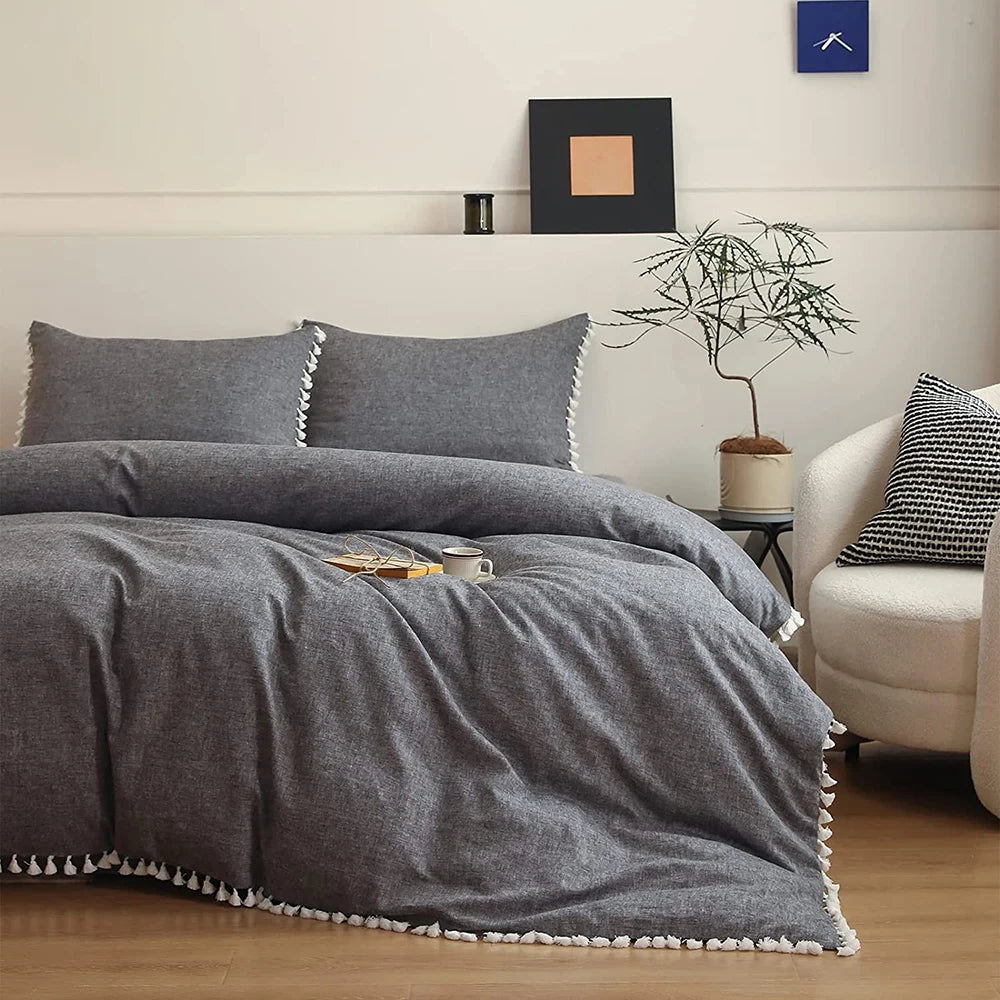 Simple Opulence Boho Linen Cotton Bedding Set With Tassels