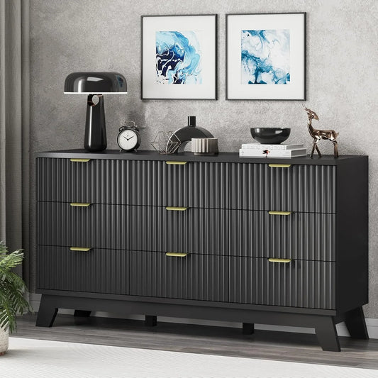 Fluted Dresser With 9 Drawers And Metal Handle For Bedroom