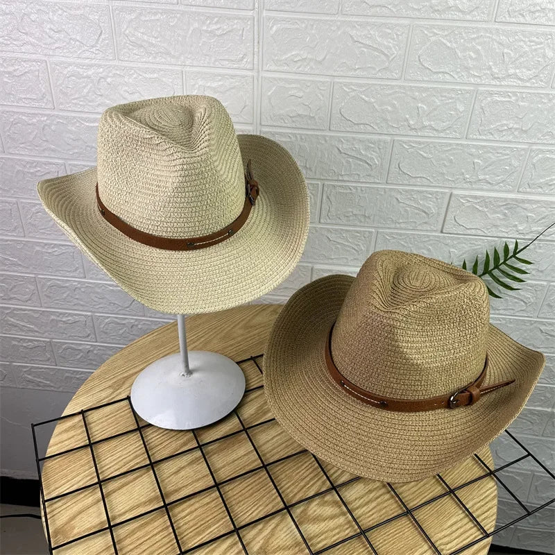 Wide Brim Straw Cowboy Hat Sun Protection for Summer