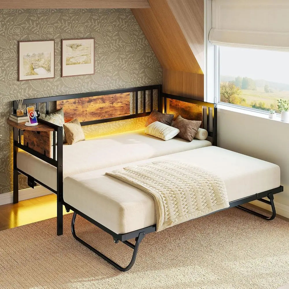 Likimio Daybed With Trundle And LED Lights Charging Station