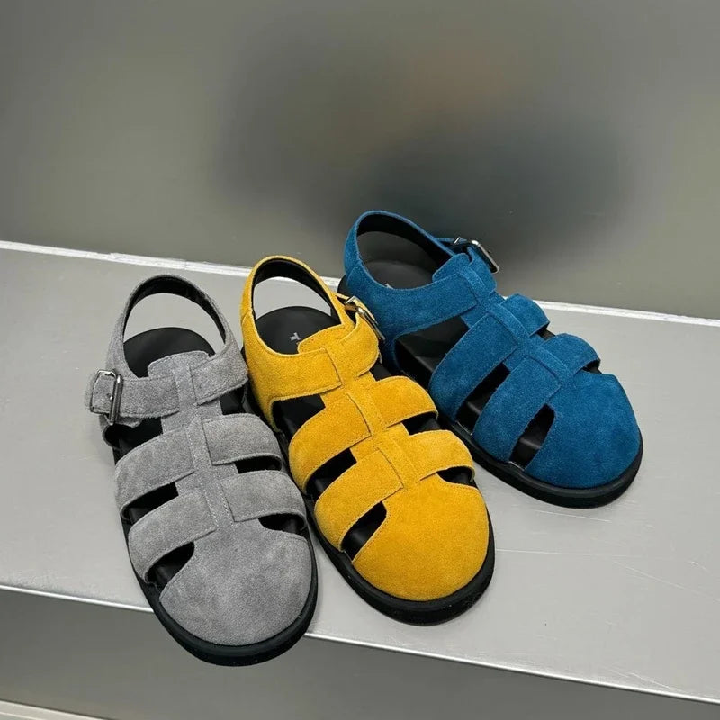 Autuspin Retro Women Genuine Leather Flat Sandals Buckle Comfort