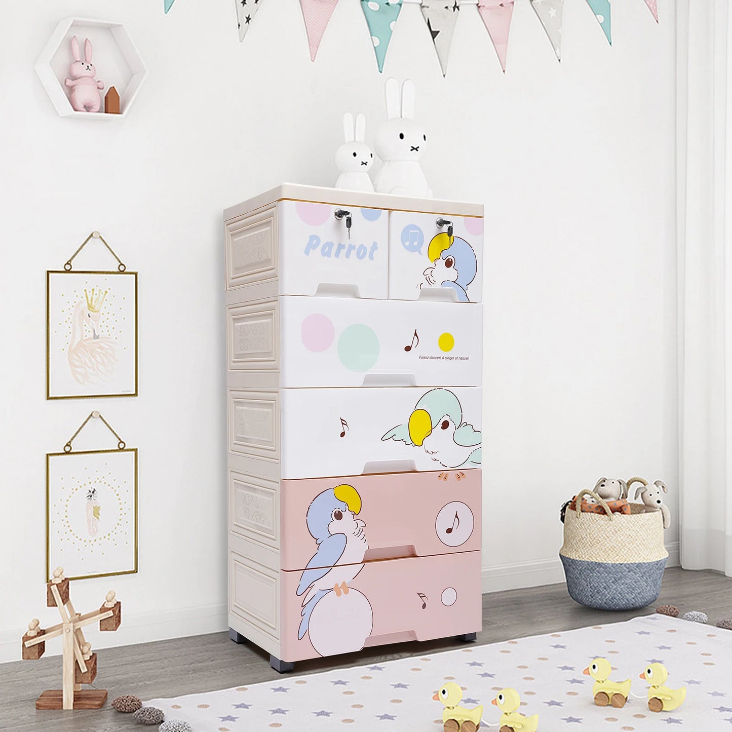 Modern Rolling Plastic Dresser Cabinet Six Drawer Organizer