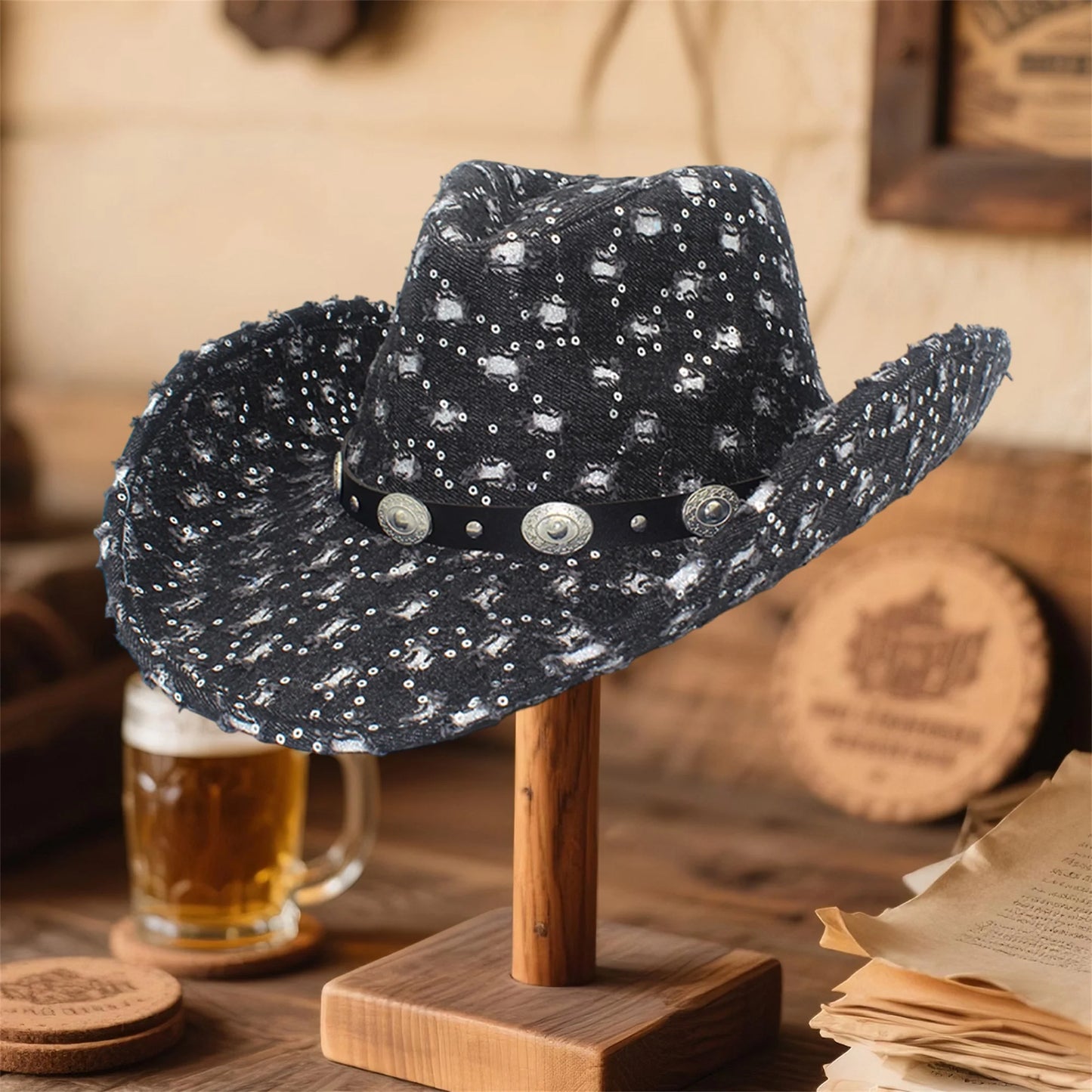 NONECN Vintage Distressed Cowboy Hat With Concho Band