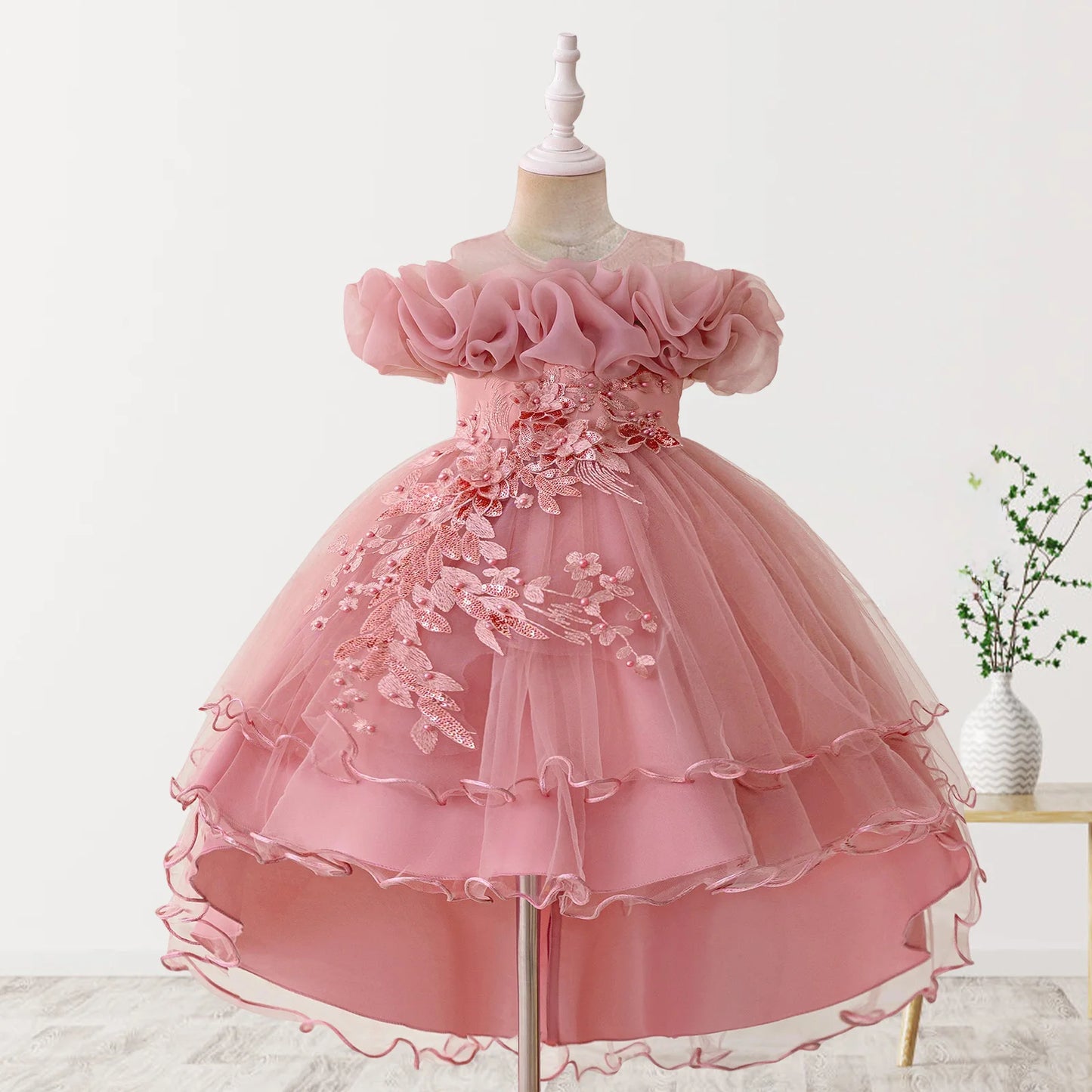Toddler Girls Floral Print Sleeveless Tulle Dress With Ruffles