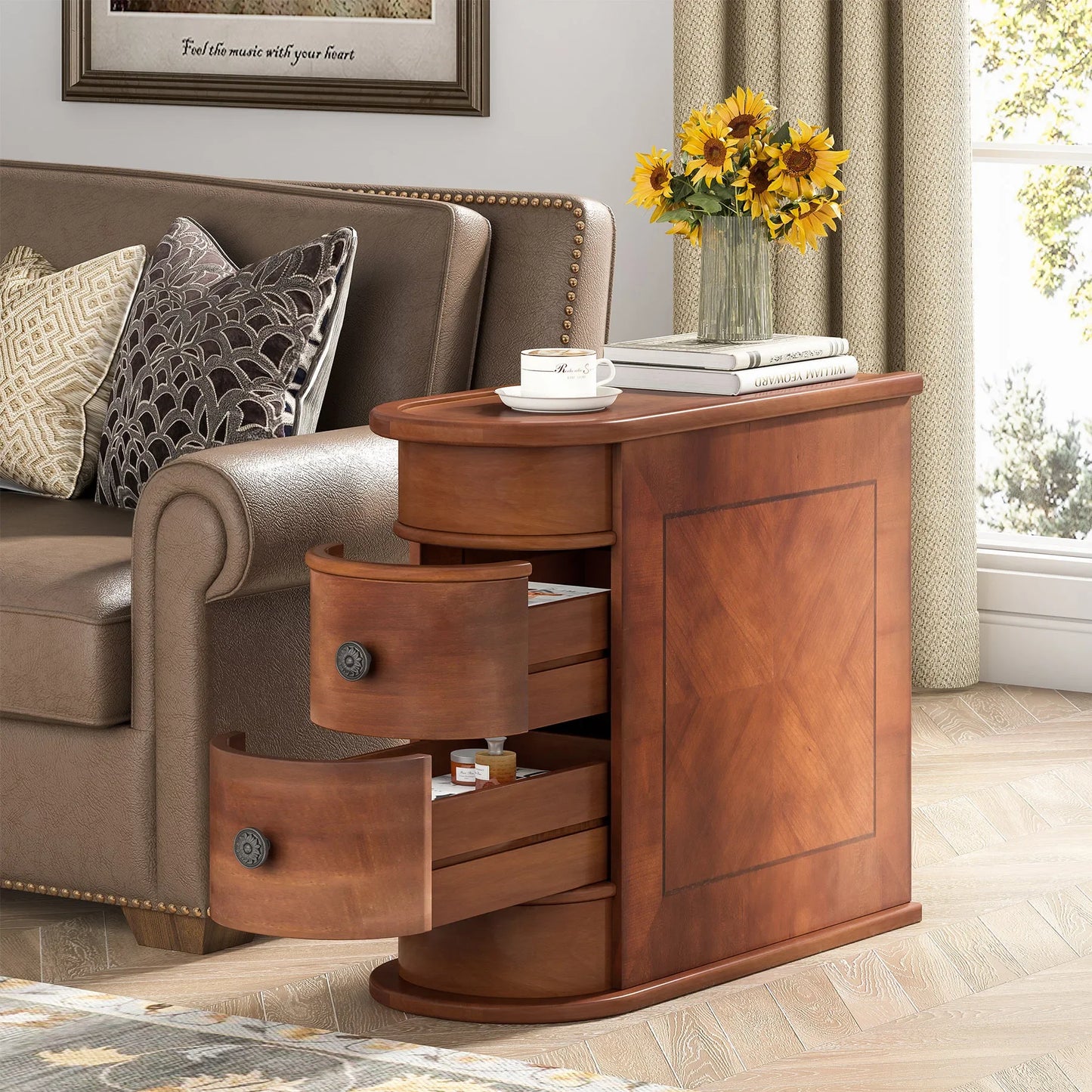 Tribesigns Modern Round Solid Wood End Table With Drawer