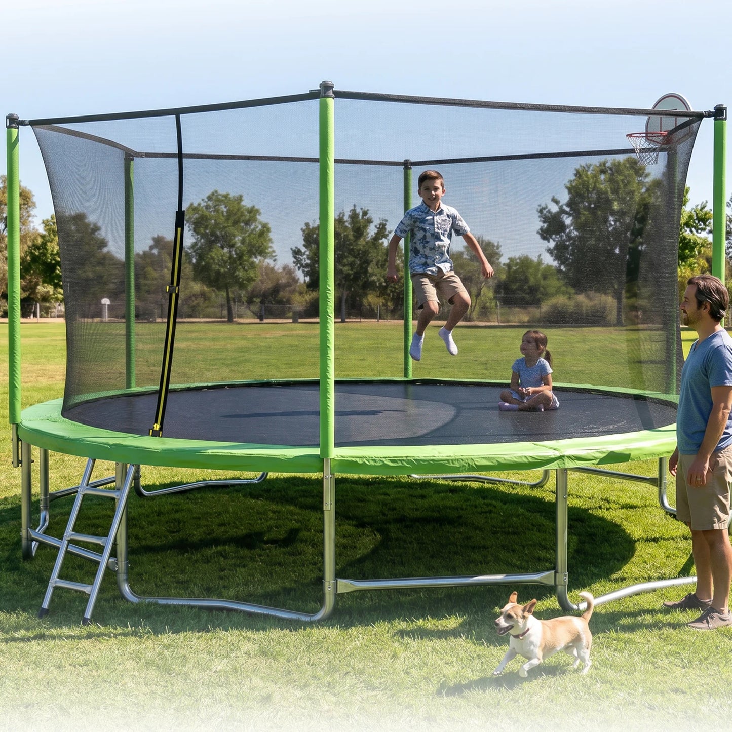 Outdoor Trampoline With Balance Bar And Basketball Hoop Enclosure Net