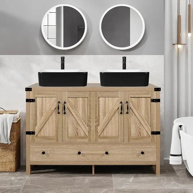HUANZHUANG Rustic Bathroom Vanity With Ceramic Vessel Sinks