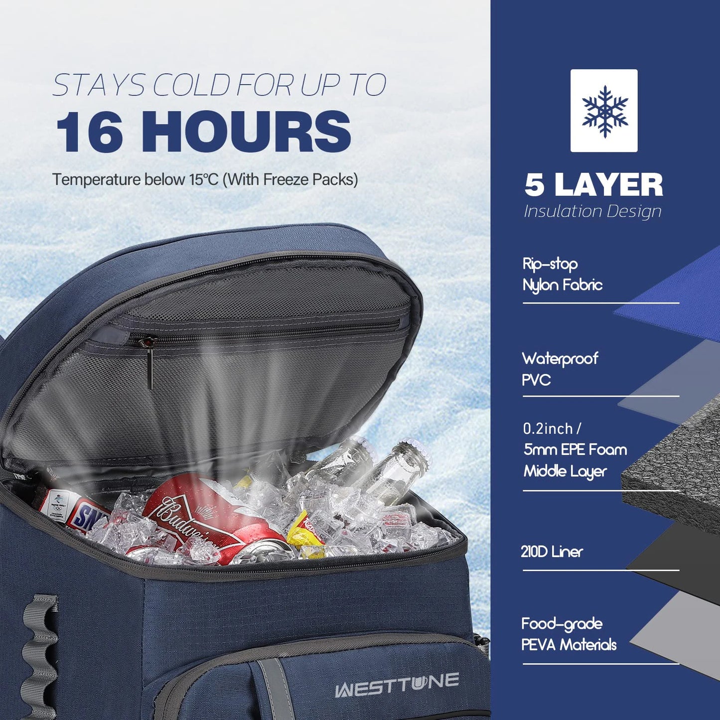 WestTune Leakproof Insulated Cooler Backpack for Hiking