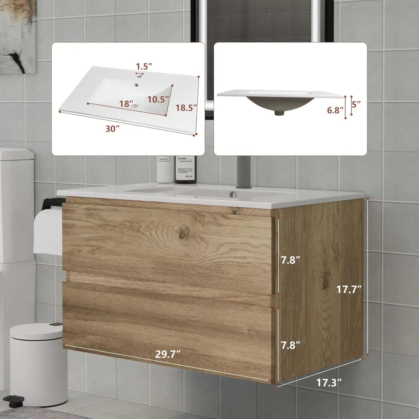 Floating Bathroom Vanity With Sink, Moisture-Resistant MDF, Soft-Close Drawers