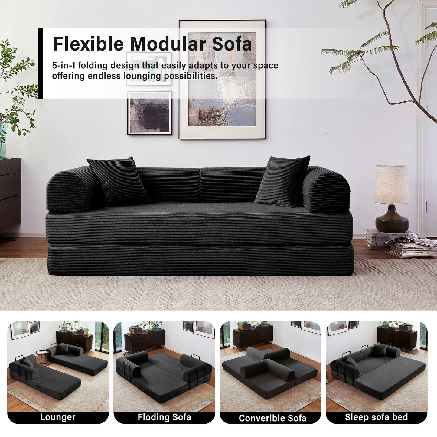 Foldable Convertible Futon Sofa Bed With L-Shaped Armrests Living Room