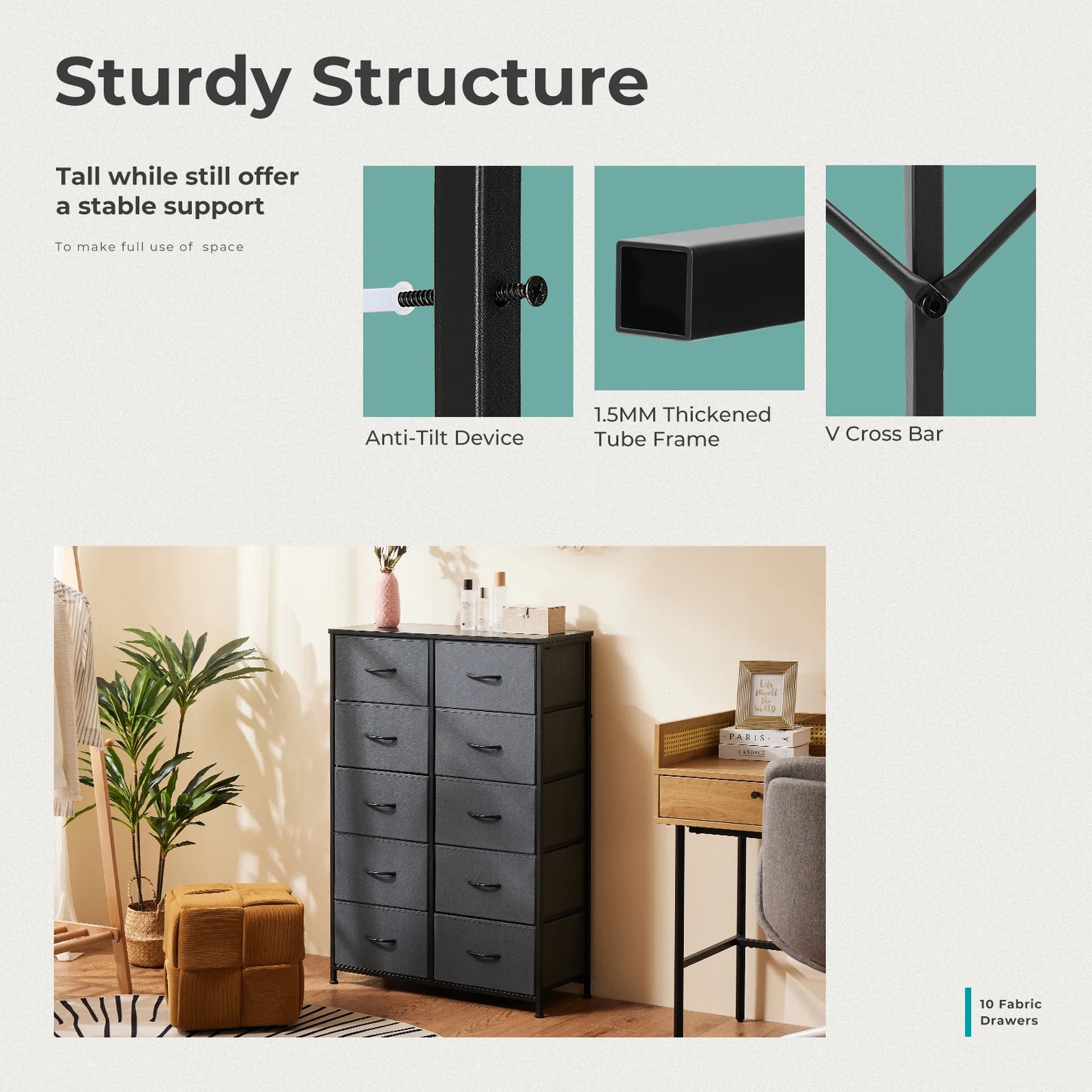 JHK Bedside Table With 10 Fabric Drawers Steel Frame Nightstand
