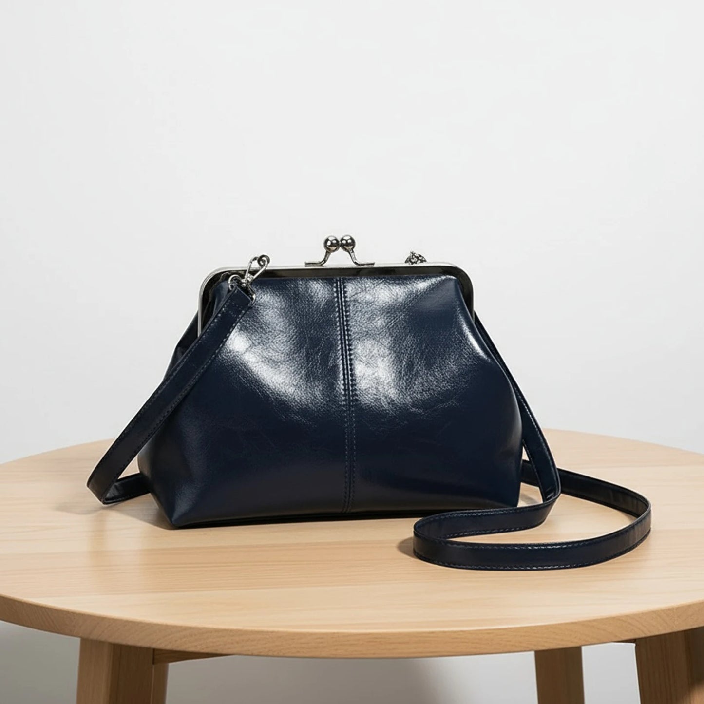 PU Leather Shoulder Bag For Women Adjustable Strap Kiss Lock