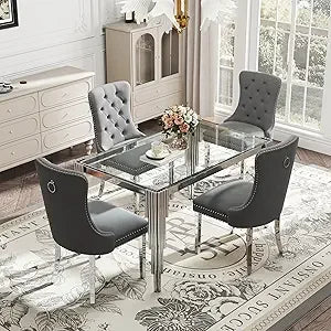 AMHDDT Five-Piece Glass Dining Set for Four with Velvet Chairs